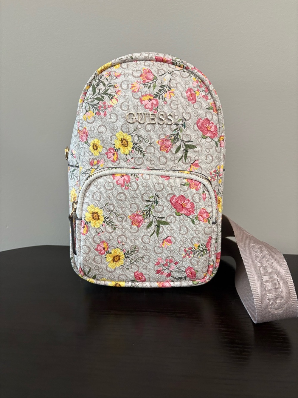 GUESS Floral Mini Sling Backpack Crossbody One-Strap Bag Grey Pink